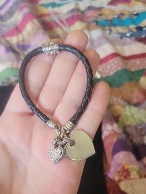 Leather Heart Charm Bracelet - Black with Gold Accents